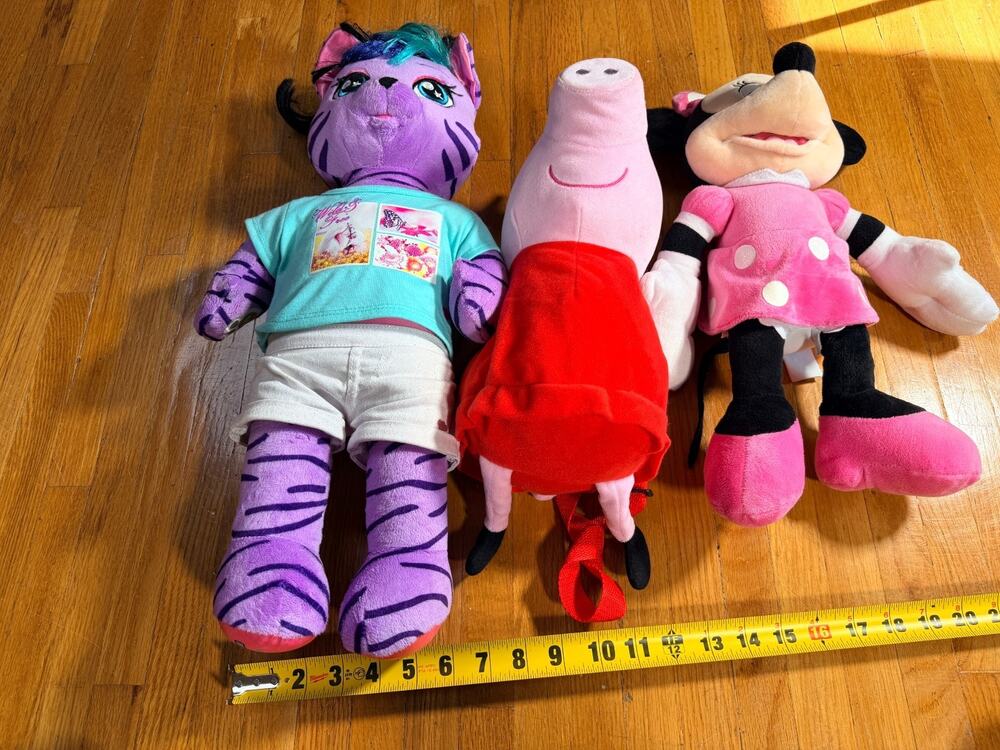 Lot of 3 Large Plush Characters – Minnie Mouse, Peppa Pig Backpack & Purple Cat